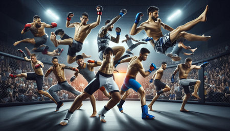 Group of professional boxer fighting in ring. Mixed media. Mixed media