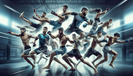 Boxing concept as a group of mixed martial arts fighters fighting in a modern gym as a metaphor for...