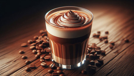 Coffee latte in a glass with coffee beans on wooden background