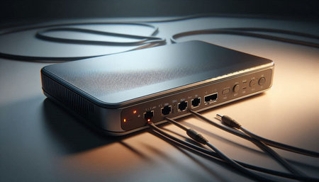 Wireless router with cable on the table, close-up.