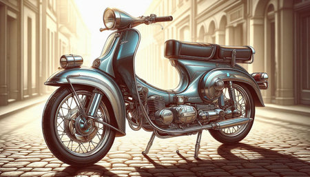Vintage motorcycle on the street. 3D illustration. Vintage style.