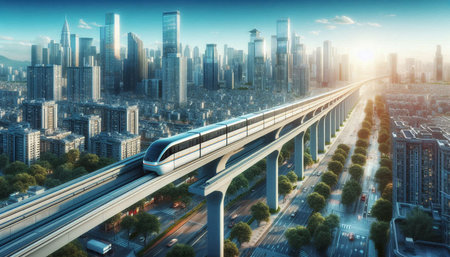 Modern high-speed train in the city at sunset. 3d rendering