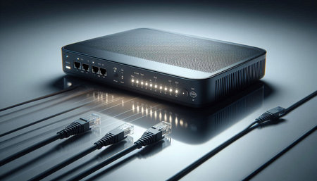 Wireless router with connectors on a black background. 3d rendering