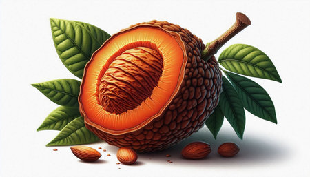Exotic fruit. Exotic fruit with leaves and seeds. Vector illustration.