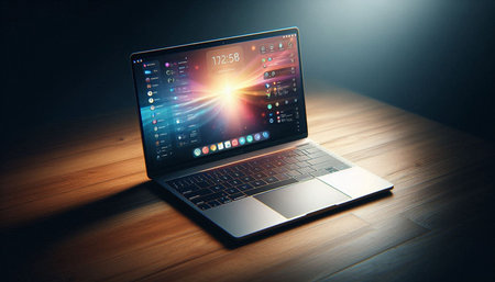 Laptop on wooden table with glowing screen. 3d rendering.