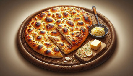 Pizza with cheese and butter on a wooden board, top view