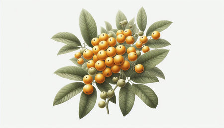 A branch of rowan with yellow berries on a white background.