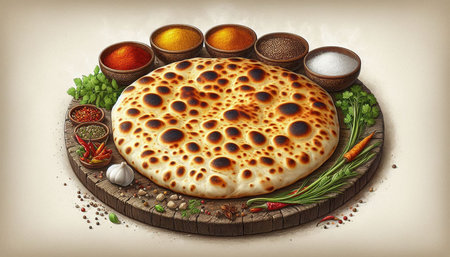 Pizza on wooden board with spices and herbs, 3d illustration