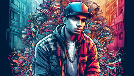 Hipster man in the city. Colorful illustration. 3D rendering.