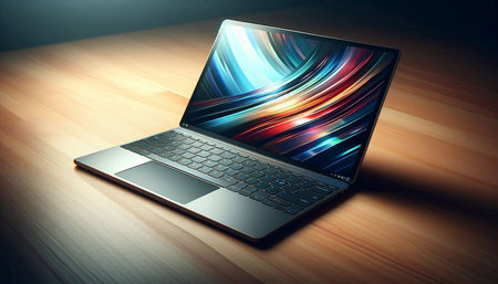 Laptop on wooden table with colorful abstract background. 3d rendering