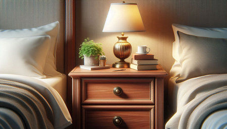 Bedside table with pillows and bedside table lamp. 3d render