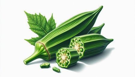 Fresh okra with leaves isolated on white background. Vector illustration.
