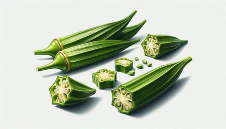 Illustration of fresh okra with leaves on a white background.