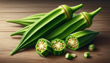 Fresh okra on wooden table background,Healthy food concept.