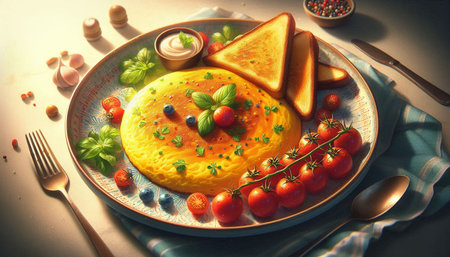 Omelet with tomatoes and blueberries on a plate with toast