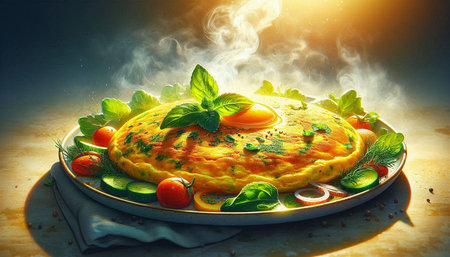 Omelette with tomato, cucumber and herbs on a plate