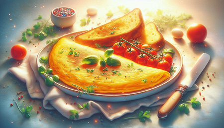 Omelette with tomatoes and herbs on a light background. Toned.