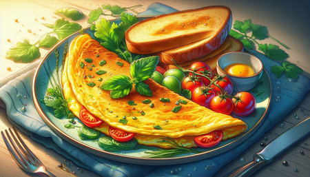 Tasty omelette with tomatoes, herbs and spices on wooden table