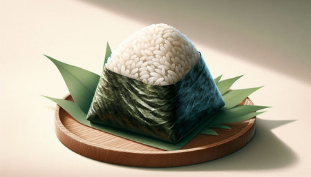Japanese rice ball with chopsticks on bamboo plate. 3D rendering
