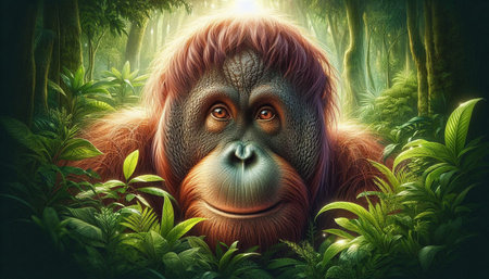 Orangutan in the jungle - 3D illustration. Nature background.