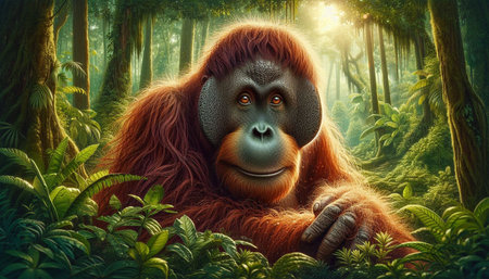 Orangutan in the rainforest. 3D render illustration.