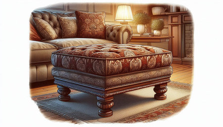 Illustration of a vintage sofa with pillows and an armchair