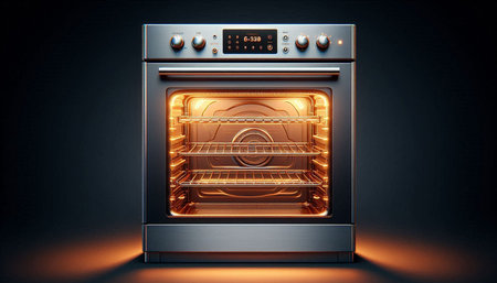 3d rendering of an oven on a dark background with orange lights