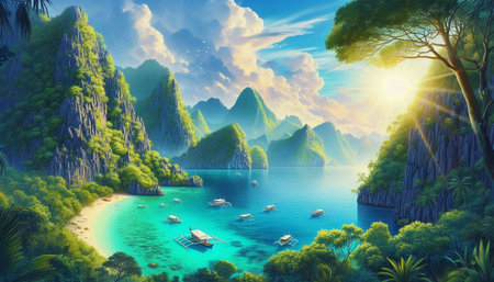 Beautiful landscape with mountains and sea. 3d render illustration.
