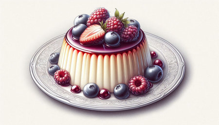 Pudding with berries on a silver plate. 3d illustration.