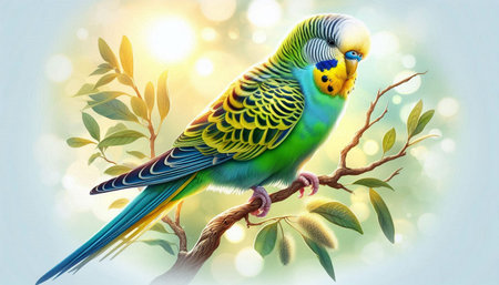 Budgerigar parrot on a branch with leaves.