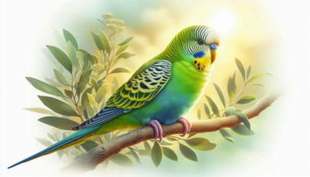 Budgerigar parrot on a branch with green leaves