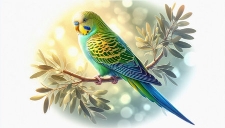 Budgerigar sitting on a branch of an olive tree