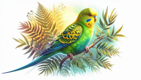 Green parrot sitting on a branch with leaves. Watercolor illustration.