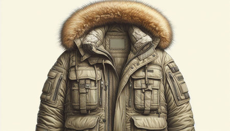 Men's winter jacket with fur hood isolated on a white background.
