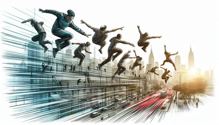 Silhouettes of people jumping over the bridge. 3D rendering