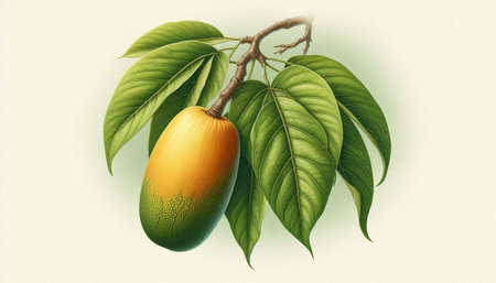 Illustration of a mango on a tree branch with green leaves.