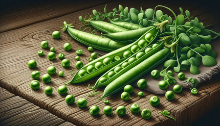 Fresh green peas with pods on a wooden table. Toned.