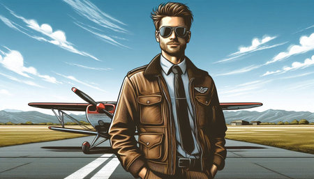Handsome young man in a leather jacket and sunglasses standing in front of an airplane on a sunny...