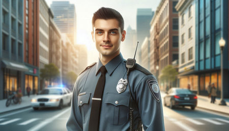 Male security guard in uniform on city street. Concept of law and order.