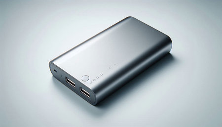 Power bank on a gray background. 3d rendering, 3d illustration.