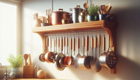 Kitchen utensils on wooden shelf in room. Interior design
