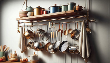 Kitchen utensils hanging on rack in kitchen. Cooking concept