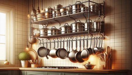 Kitchen utensils hanging on the wall. 3d rendering