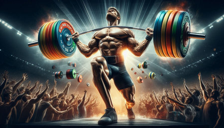 Bodybuilder lifting a barbell in front of crowd. Mixed media