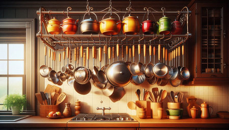 Kitchen utensils hanging on the wall. 3d rendering
