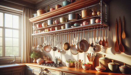 Kitchen interior with utensils. 3d rendering toned image