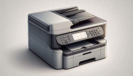 Modern multifunction printer on a gray background. 3d illustration.