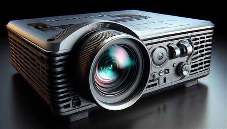 Video projector on a black background. 3d rendering. Computer digital drawing.