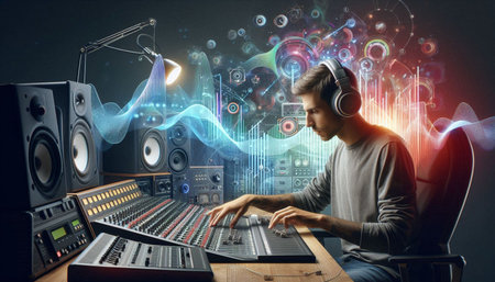 Handsome dj mixing music in sound studio with colorful sound effects