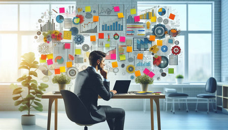 Side view of young businessman sitting at desk in office interior with colorful business icons....
